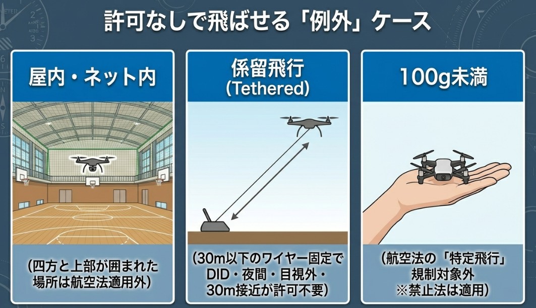 許可なしで飛ばせる例外ケース（屋内・ネット内、係留飛行、100g未満）